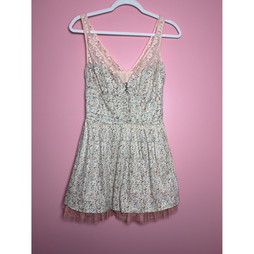 Free People Floral Mini Dress Womens Small Peach Blue Lace Tulle Good Smocked